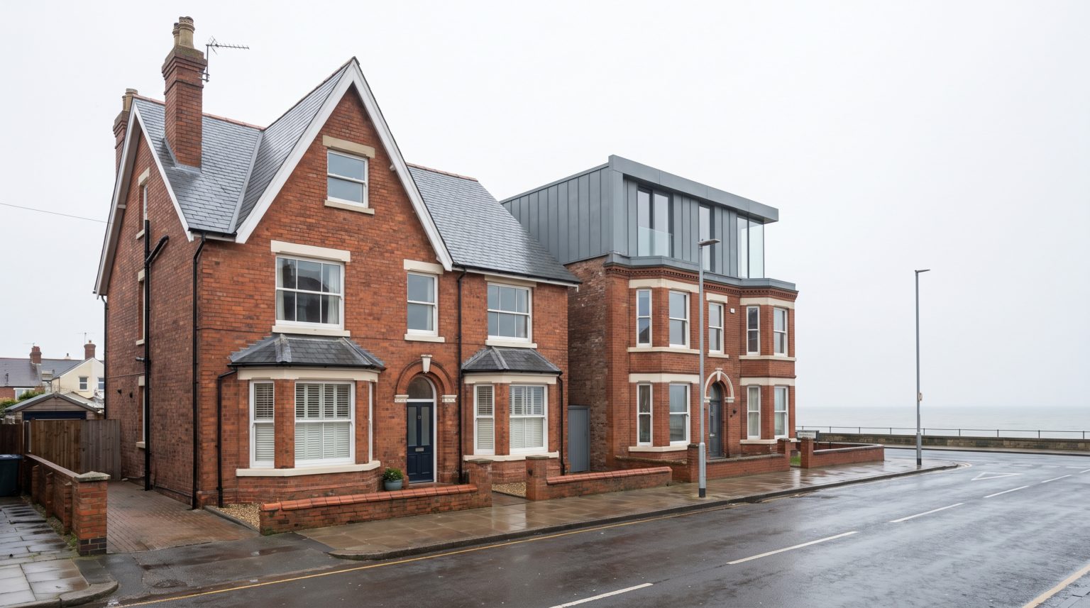 Two adjoining Victorian brick houses, one keeping its original pitched slate roof and gable, the next with a flat-roofed storey in place of its pitch