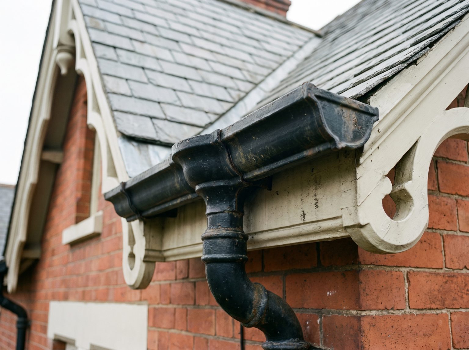 A black cast iron ogee gutter and downpipe at the eaves of a Victorian brick building with a decorative bargeboard