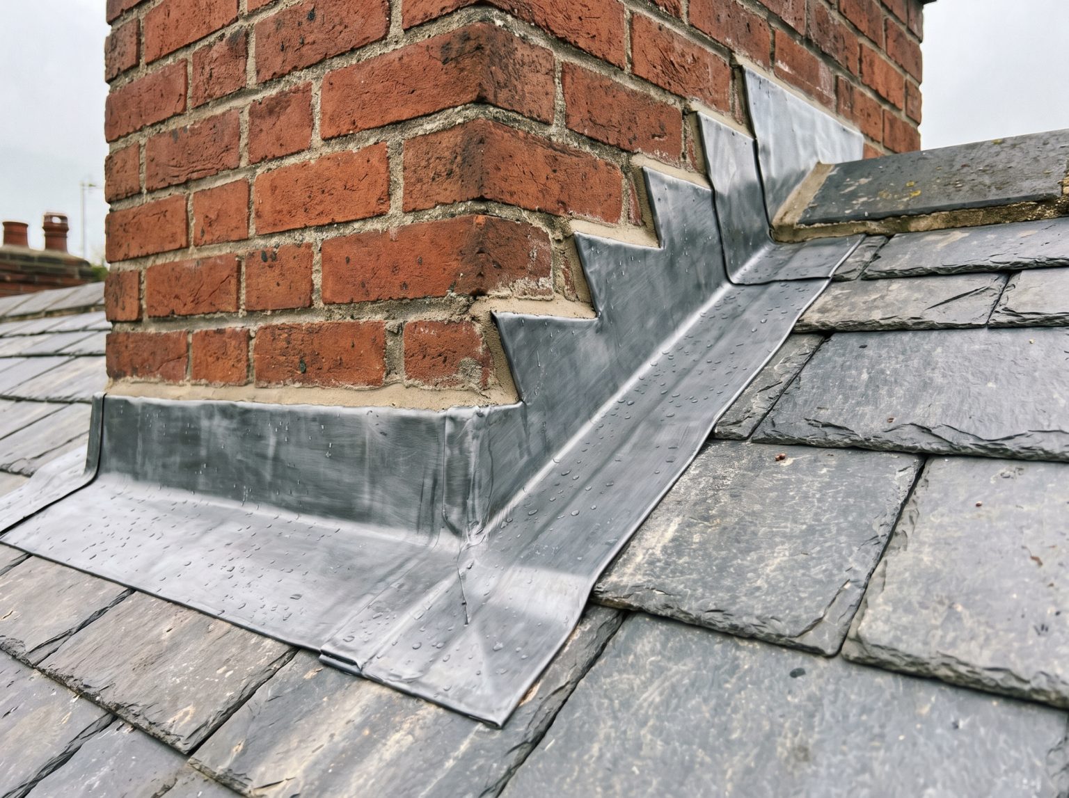 Stepped lead flashing and soakers dressed around a red brick chimney stack on a slate roof