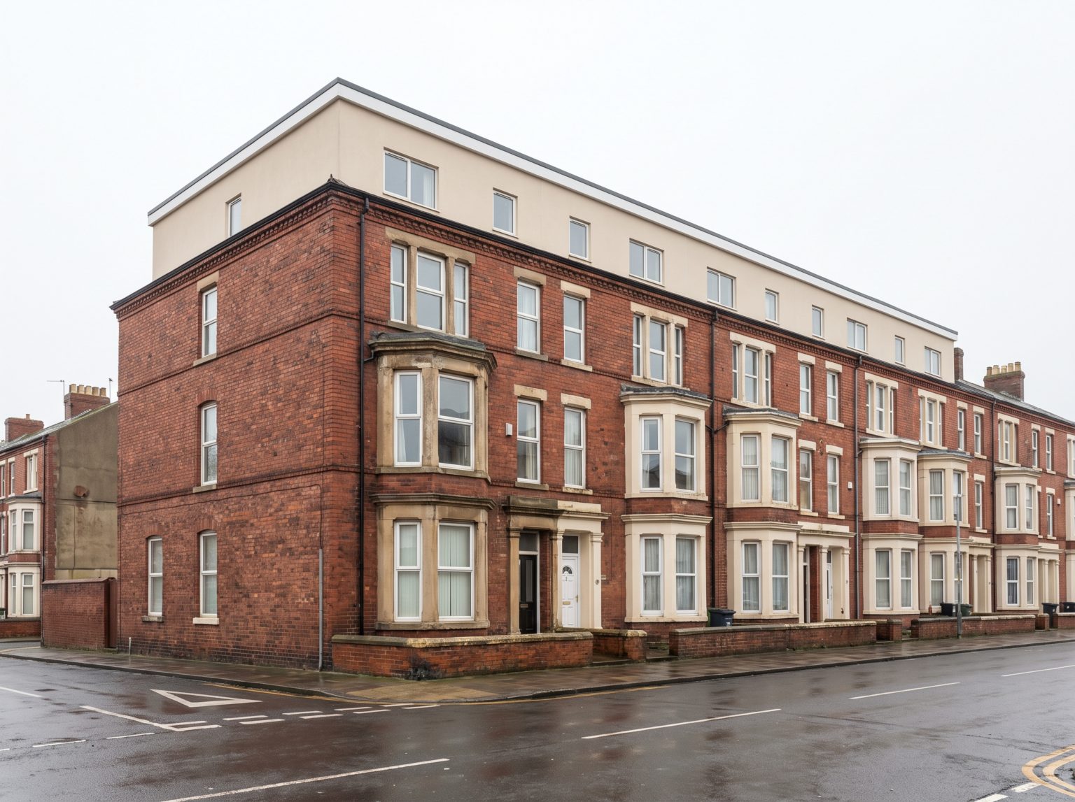 A terrace of three-storey Victorian brick former boarding houses with a flat-roofed extra storey built where the original pitched slate roofs used to be