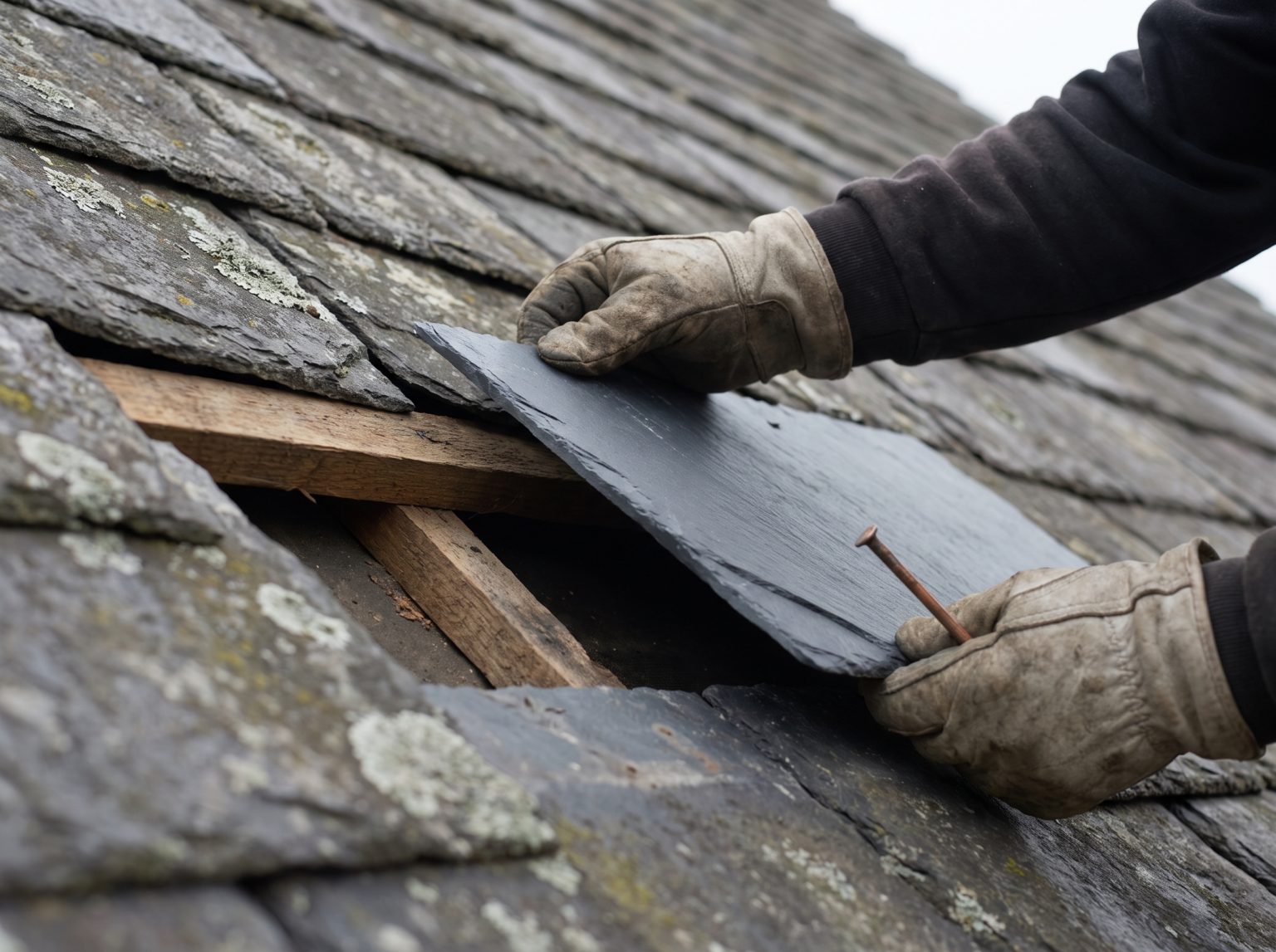 A roofer sliding a replacement slate into place on a pitched roof, timber batten and nail visible